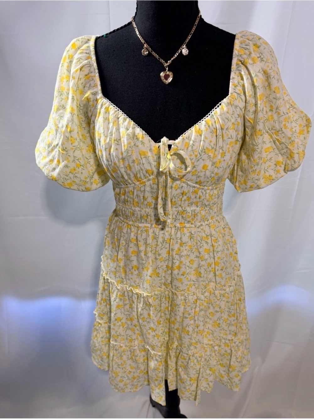 Boho Cottagecore Floral Puff Sleeve Tiered Mini Dress in Pale Butter Yellow